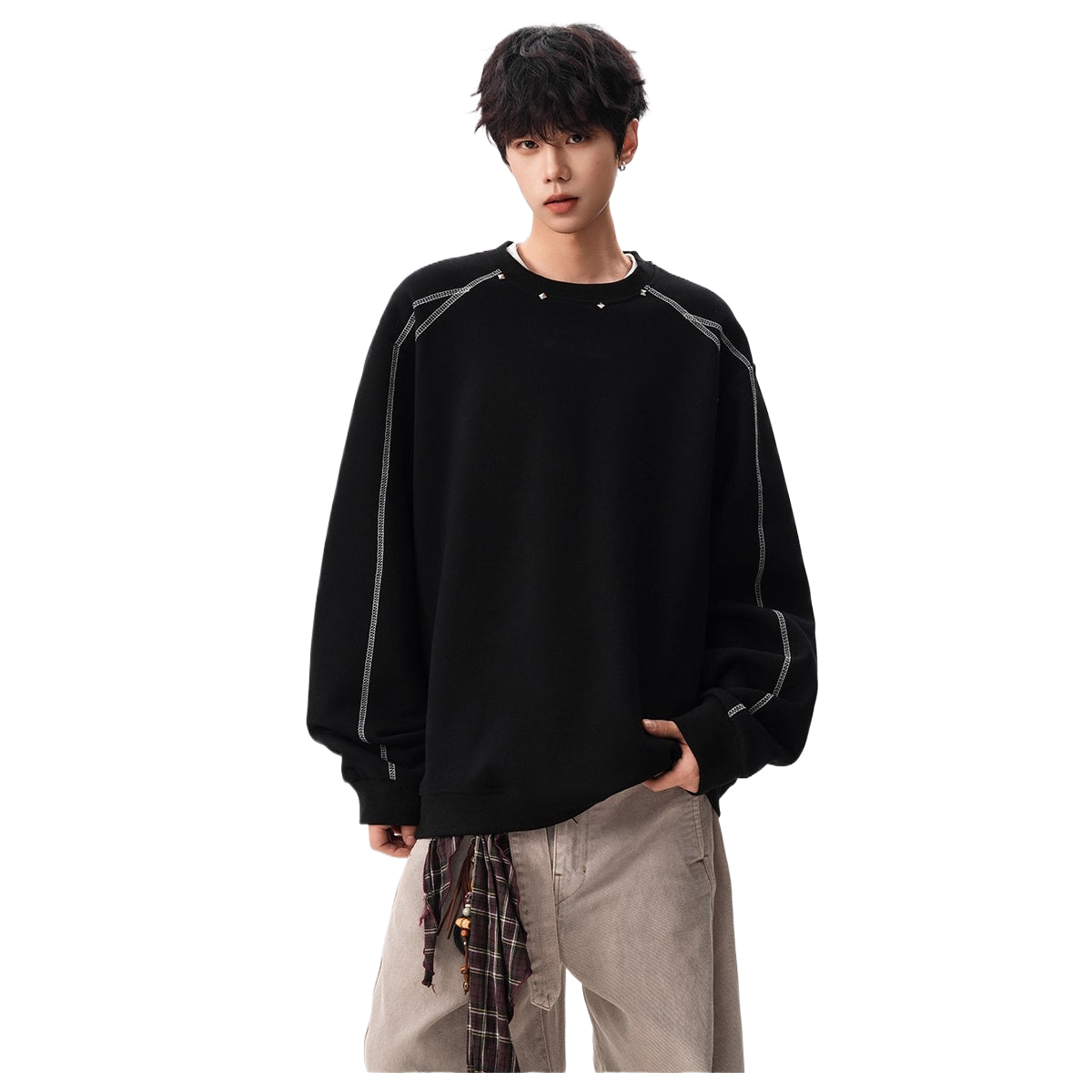 American Hasselblad line rivet sweater men and women winter high street couple crew neck inside loose design sports top SIN0896