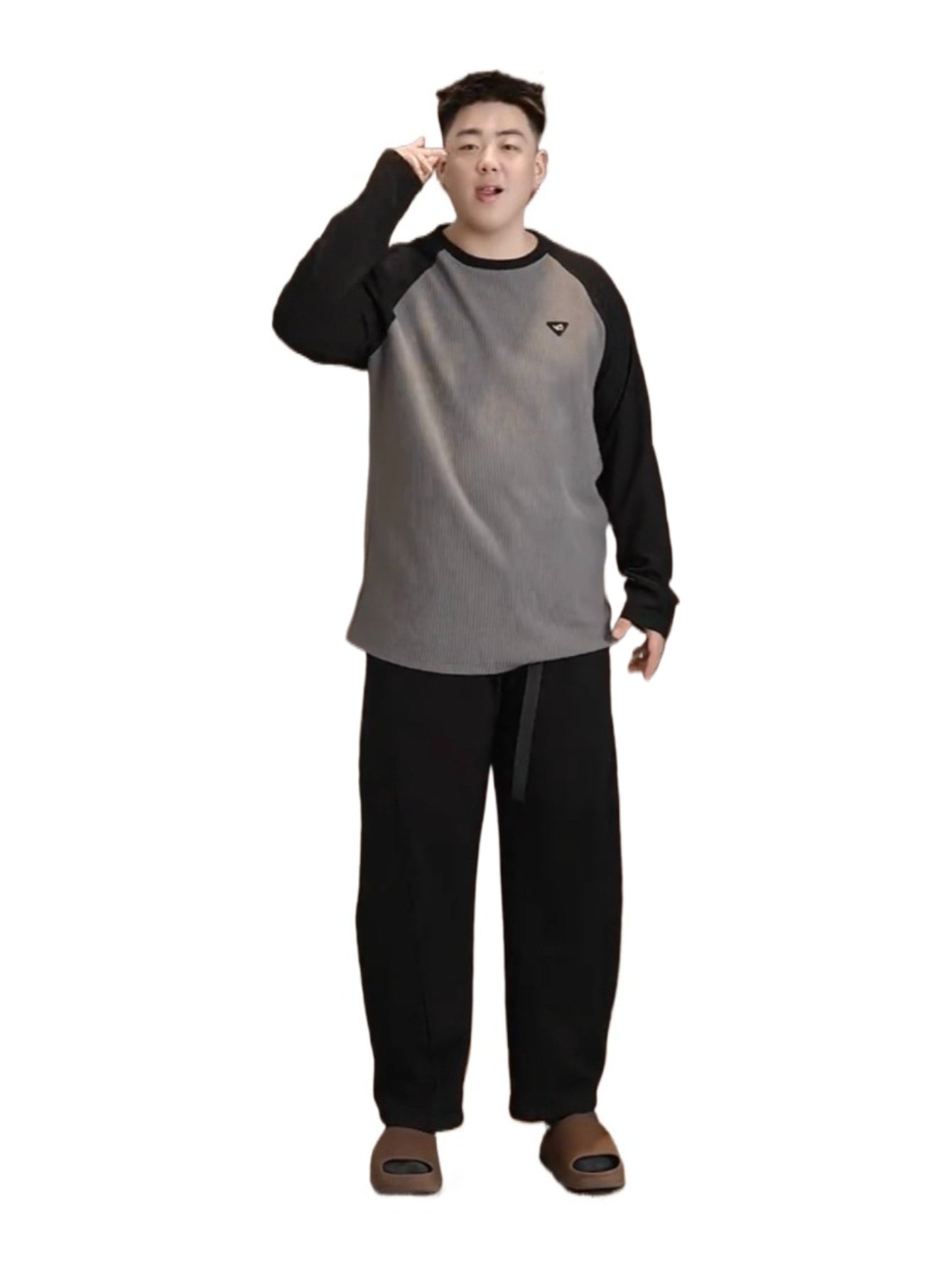 Contrasting color texture splicing round neck thin sweater SIN0988