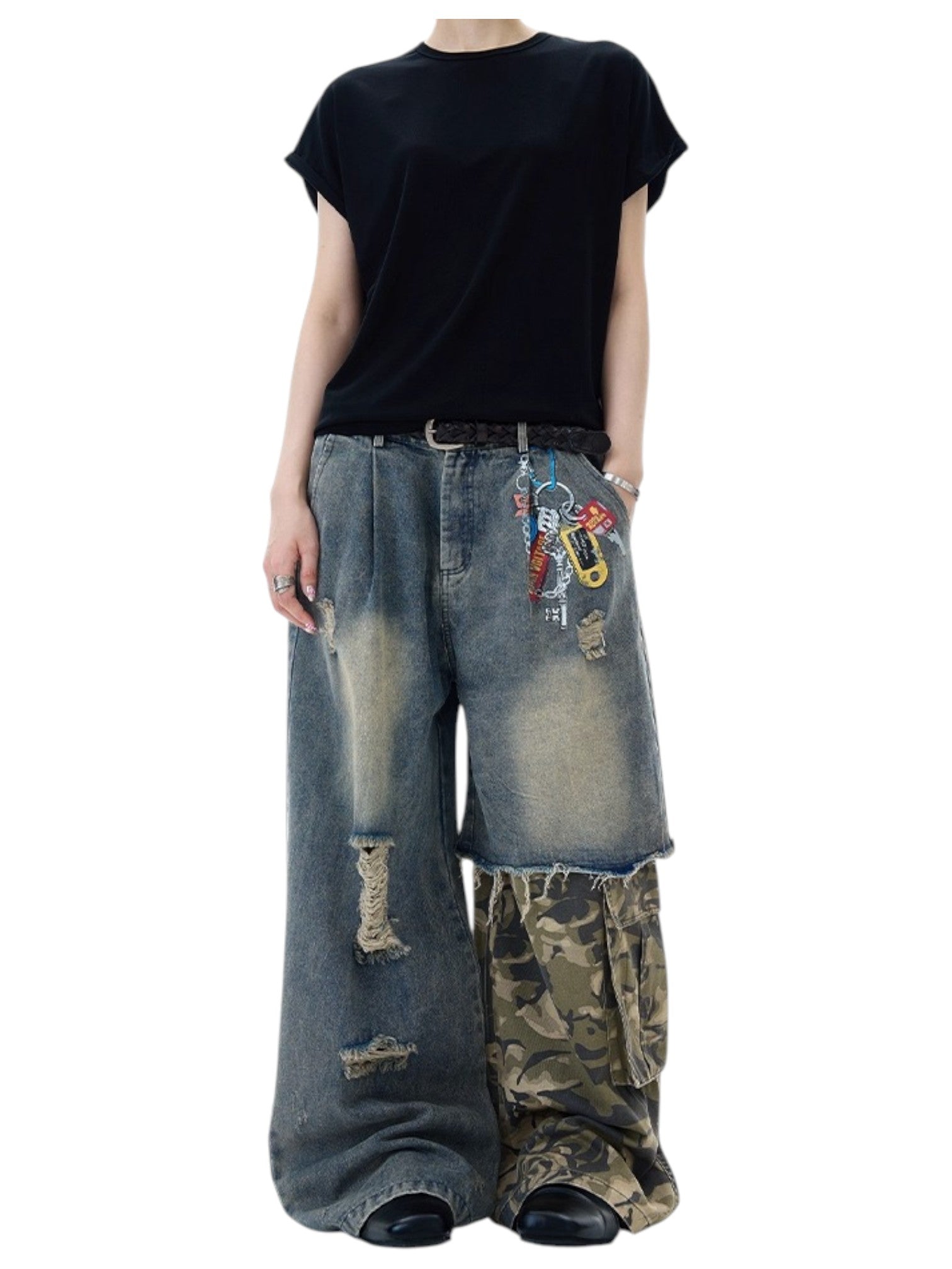 [MADWITCH] PATCHED CAMO DESTROYED JEANS st5033
