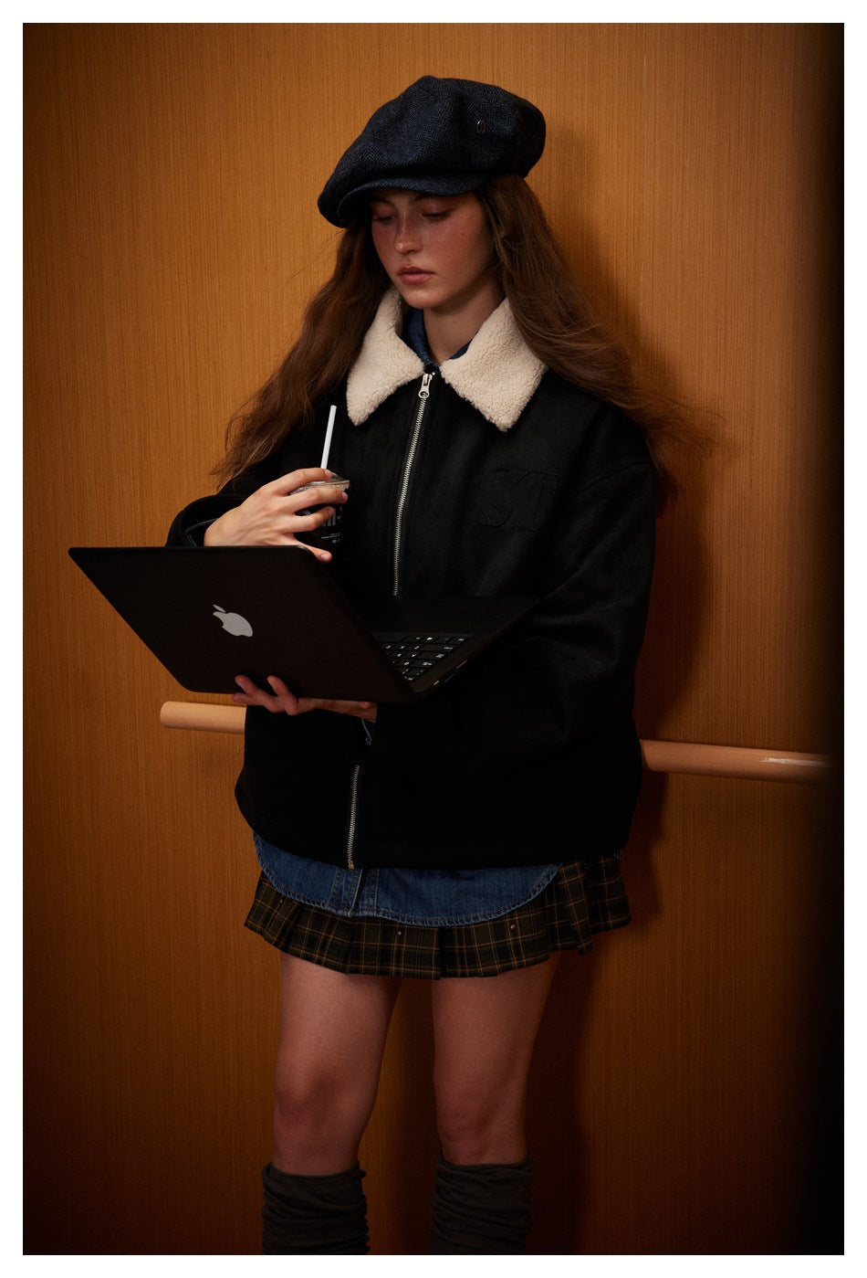 EMBROIDERED SHEARLING COLLAR SUEDE JACKET-RETRO BOMBER STYLE EHW5015