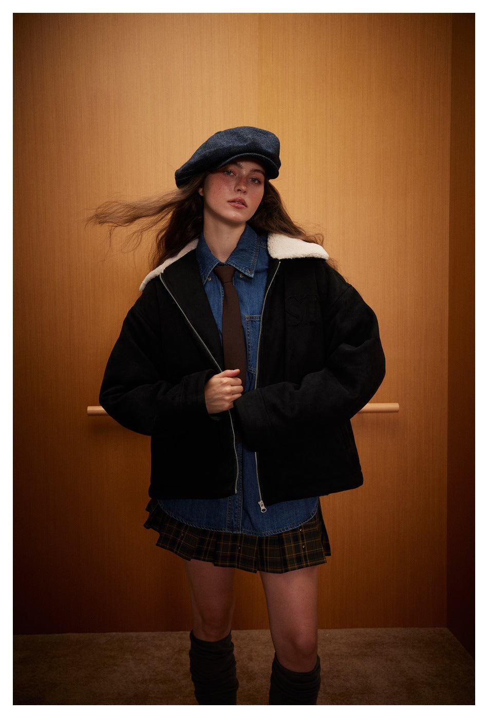 EMBROIDERED SHEARLING COLLAR SUEDE JACKET-RETRO BOMBER STYLE EHW5015